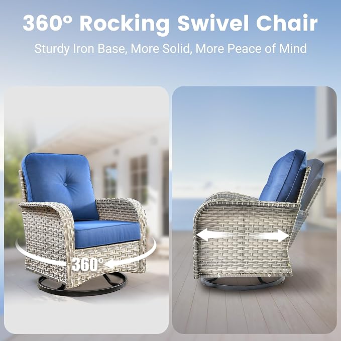 9 Pieces Patio Sectional Furniture Set, Outdoor Wicker Sectional Couch with Firepit Swivel Rocker Chairs Solar Lights Table, Modern Conversation Set for Porch Balcony Backyard, Navy Blue