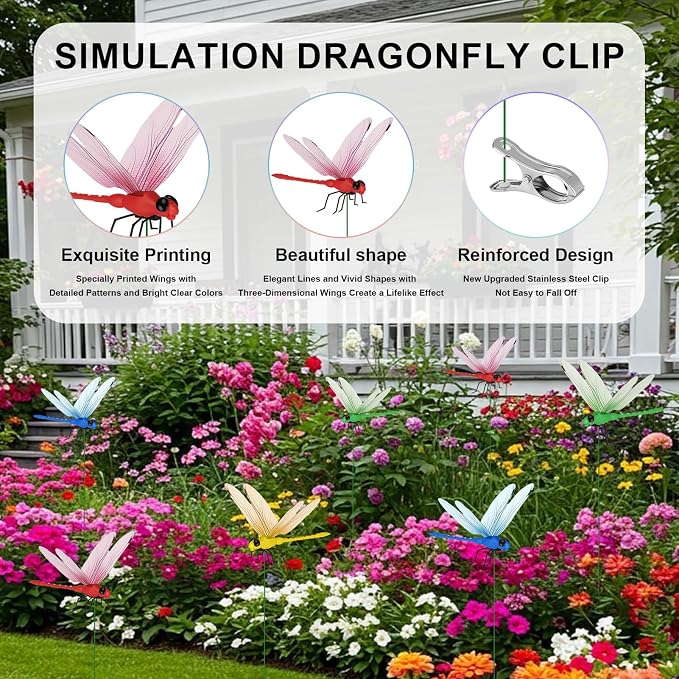 Dragon Fly Clips for Bugs Repel Lent - Lifelike Outdoor Decorative Dragonflies for Patio, Porch, Plants, Yard and Backpack, Waterproof Summer Garden Ornaments（8pcs）