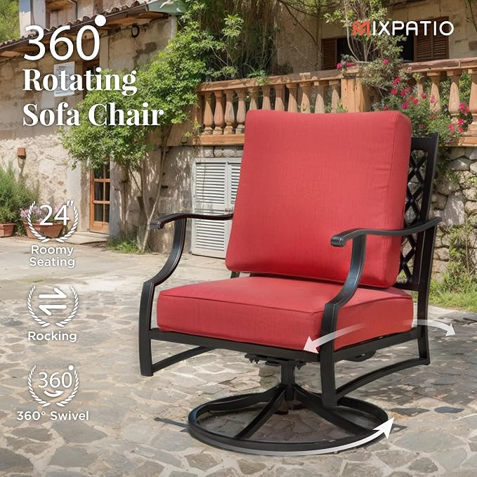 MIXPATIO Patio Furniture Set 6 pcs, Outdoor Patio Furniture, 1 X 3-Seat Sofa, 2 X Single Chairs, 2 X Swivel Chairs, 1 X Coffee Table and 5.75" Extra Thick Cushion, Patio Conversation Set,Red