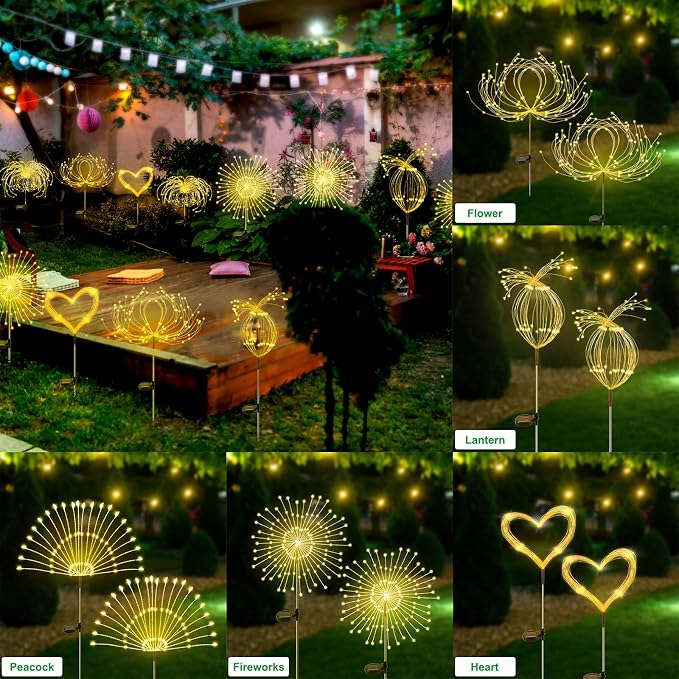 Slyuexu Solar Garden Lights Outdoor Waterproof, 2 Pack 120 LED Solar Firework Lights Decorative Garden Décor Outside for Flowerbed Pathway Party Christmas Decoration, Warm White