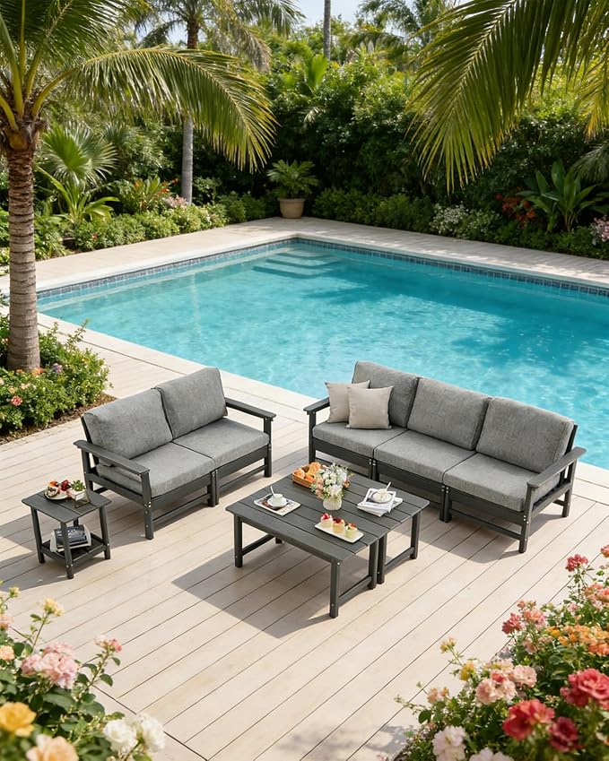 HDPE Outdoor Patio Furniture Set with Cushions, 8 Piece Patio Conversation Set Sofa Set,All Weather Outdoor Couch Set with Coffee Table for Lawn, Garden, Deck
