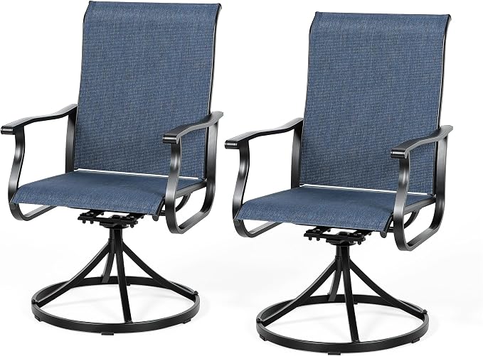 Crownland Outdoor Swivel Dining Chair Set of 2, All Weather 360° Swivel Rocking High Back Model Patio Dining Chairs, Textilene Fabric Wrought Iron Chair Set for Backyard, Lawn, Garden(Blue)