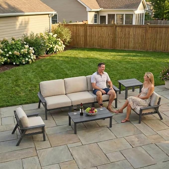 Kingdura HDPE Patio Furniture Set, 9 Piece Outdoor Sectional Sofa with Coffee Table & Side Table, All Weather Outdoor Couch Conversation Set with Washable Cushions for Backyard Poolside Balcony
