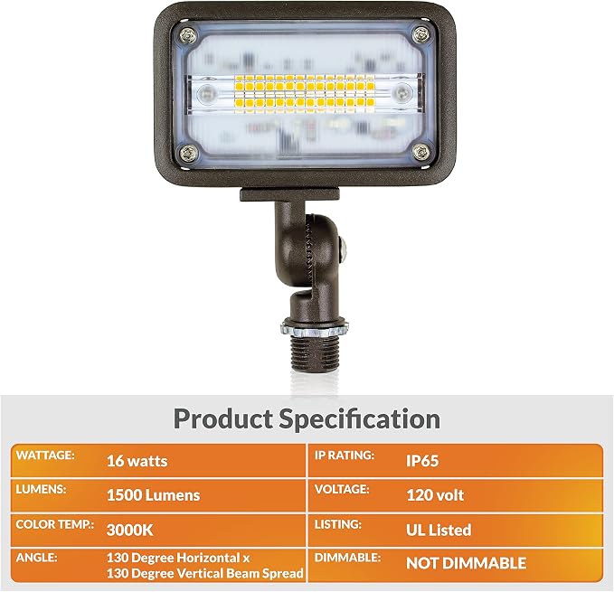 Newhouse Lighting WW15BRZ 16-Watt Outdoor Die-Cast Aluminum LED Wall Wash Flood, Weatherproof Landscape Lighting 1500 Lumens, 3000K Warm White, 120V, 1/2" Knuckle Mount, Bronze