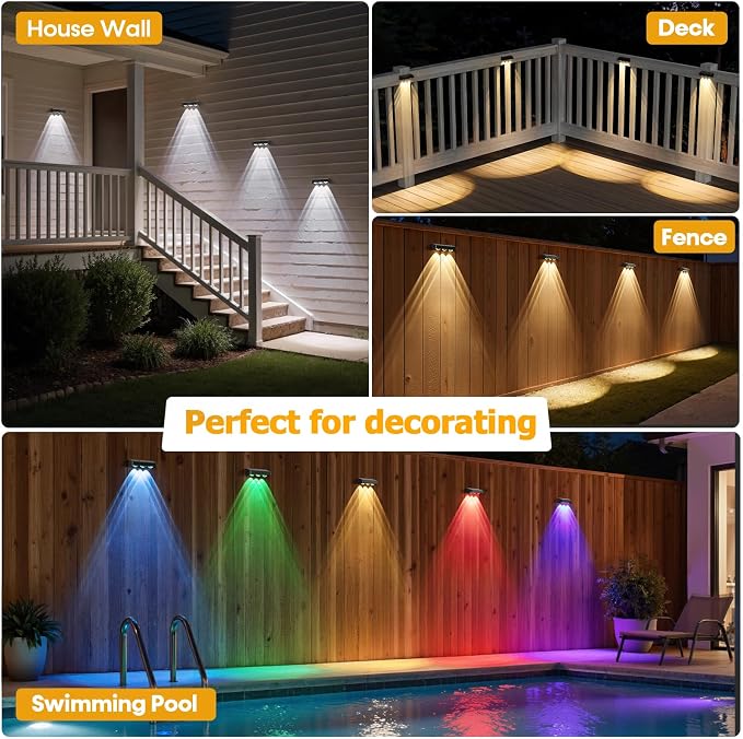 Solar Fence Lights, 12 Pack LED Outdoor Solar Deck Lights with Lenses, RGB Color, IP65 Waterproof, Solar Lights for Outside, Wall, Patio, Railing, Yard (Black)