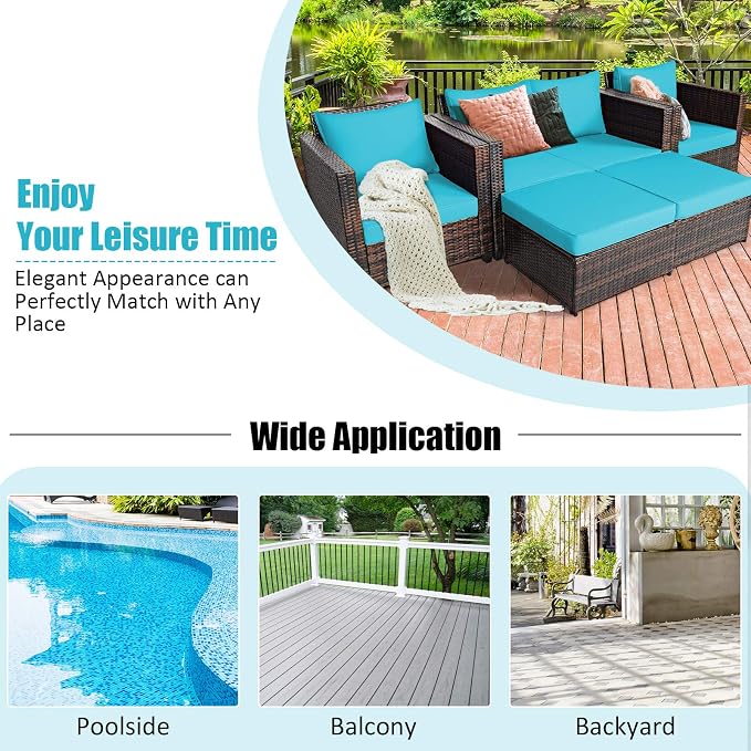 Tangkula 5 Pieces Patio Wicker Furniture Set, Outdoor Rattan Sofa Set with Loveseat, 2 Single Sofas, 2 Ottomans & Removable Cushions, Sectional Daybed Sofa Set for Yard, Garden, Poolside, Turquoise