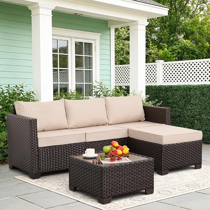 Rattan Star Patio Furniture Set 3 Piece Outdoor Sectional Sofa Set with Wicker Couch, Ottoman, Patio Table All-Weather Non-Slip Cushions and Waterproof Covers, Khaki