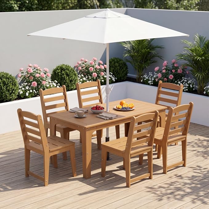 HDPE Outdoor Patio Dining Chair All Weatherproof Set of 2, Teak Color | Slatted Back Dining Armless Chair, Weatherproof Outdoor Side Chair Patio Furniture for Poolside Garden Backyard Deck Indoor