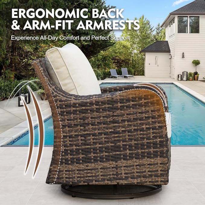 MEISSALIVVE Outdoor Patio Furniture Set with Swivel Chair, 10 Pieces Patio Conversation Set, Patio Sectional Furniture Set with 2 Three-seat Sofa, 2 Fixed Single Chair and Coffee Table (Brown)