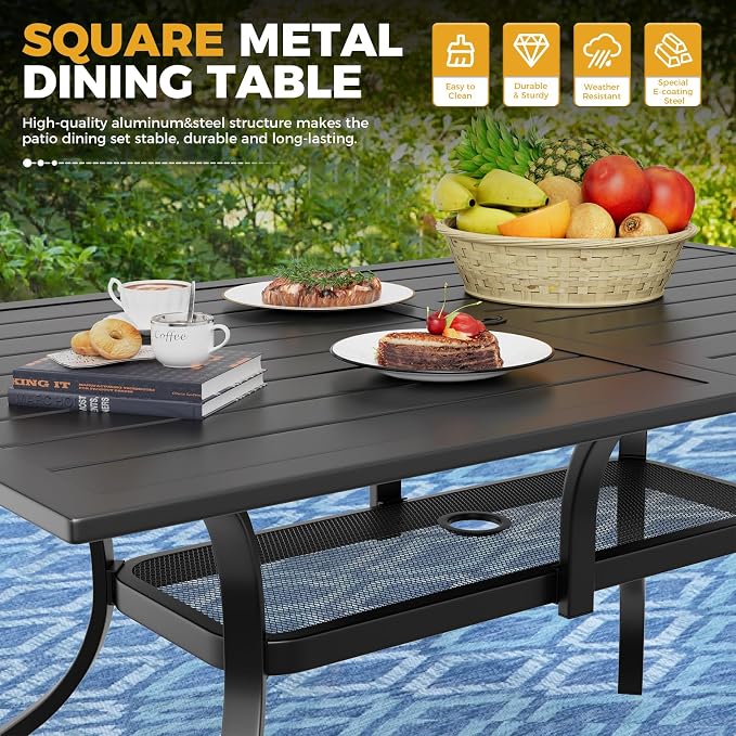 7-Piece Patio Dining Set with Umbrella,6 Person Outdoor Table and Chairs Set, 6 Metal Dining Chairs and Rectangular Outdoor Table with 1.57" Umbrella Hole,Khaki