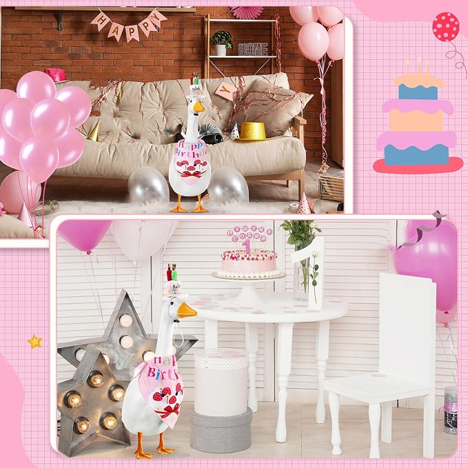 Dansydaisy Happy Birthday Goose Outfit Porch Goose Outfits with Happy Birthday Cake Hat and Bandana Yard Geese Outfits for 23" 17" Cement Plastic Geese Duck Decorations(Style 2,Pink)