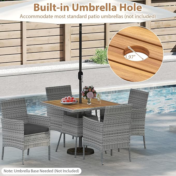 Tangkula 5 Pieces PE Wicker Patio Dining Set, Outdoor Acacia Wood Table and Chairs with Cushions and 1.97" Umbrella Hole, for Deck, Garden and Backyard (Black)