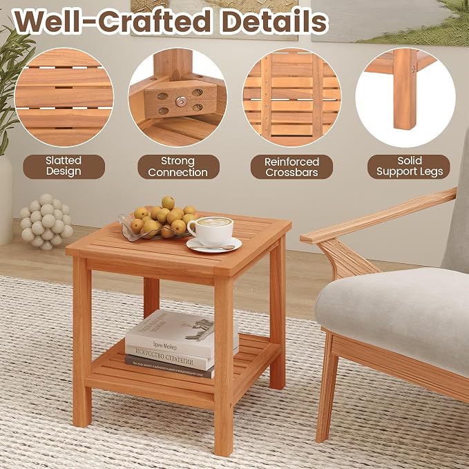 HAPPYGRILL Acacia Wood Outdoor Side Table, 2-Tier Indoor End Table with Spacious Tabletop and Slatted Storage Rack, Square Wood Table for Poolside, Living Room, Porch, Balcony and Garden (1)