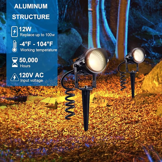 SUNVIE 120V Spot Lights Outdoor LED Landscape Lighting 12W AC Spotlights for Yard Waterproof Landscape Spotlight with Spiked Stake for Tree Garden Pathway Warm White Flag Lights US 3-Plug in, 4 Pack