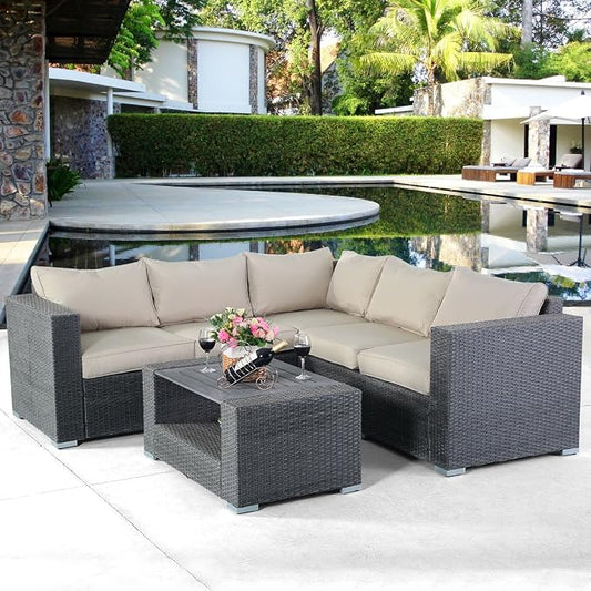 Tangkula Outdoor Furniture 4 Piece, Sectional Sofa with Coffee Table All-Weather Proof Heavy Duty Steel Frame Couch Set for Garden, Balcony, Poolside, Patio, Grey Conversation Set