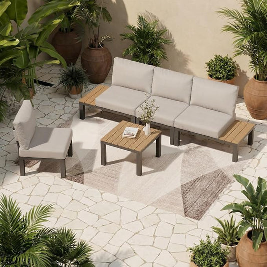 ZANDOR 5 Pieces Aluminum Outdoor Patio Furniture Set, Movable Backrest Modular Sectional Sofa Set, Metal Conversation Set with 4-inch Thick Cushion for Garden Backyard Porch, Grey