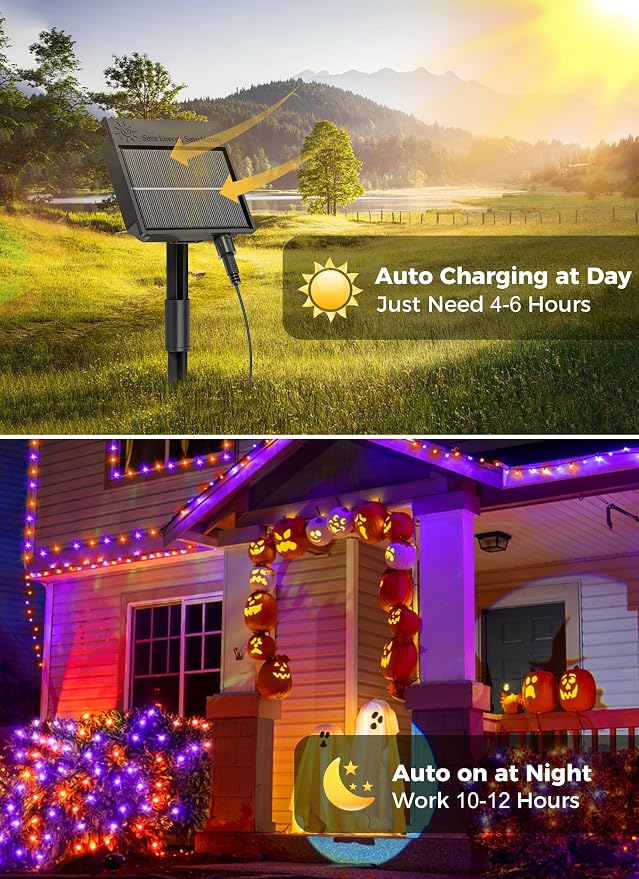 Minetom 2Pack Solar Halloween Lights Outdoor,Total 80FT 200LED String Light | Solar Halloween Decoration Outdoor with 8 Mode, Waterproof Solar String Lights for Outside Tree Yard, Orange & Purple