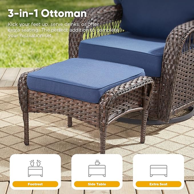 Belord Patio Wicker Swivel Rocker Patio Chairs with 3-Seater Sofa, Outdoor Rattan Chairs for Deck Porch Poolside, 9 Piece Patio Conversation Furniture Set,Blue