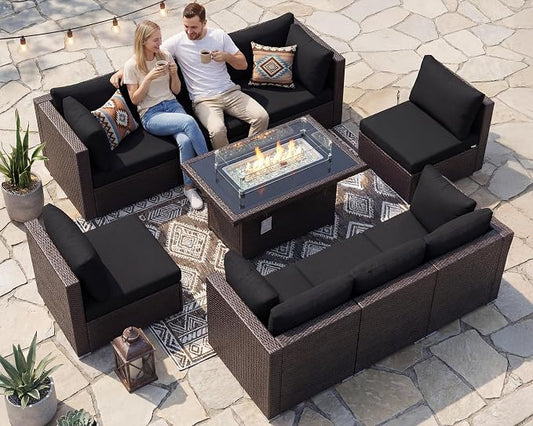 NICESOUL Large Size Patio Furniture Set with Fire Pit Natural Gas/Propane, 29.3'' High Backrest Luxurious Outdoor Modular Sofa Set, 9 Piece Heavy Duty Conversations, Brown Rattan and Black Cushion