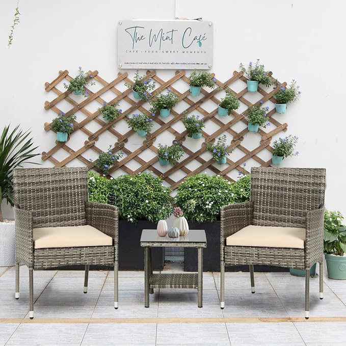 PayLessHere Set of 3 Outdoor Furniture Set Patio Furniture Set Gray Conversation Set with 2 Rattan Chairs Glass Coffee Table for Coffee Bar Poolside Patio Outdoor, Khaki Cushions