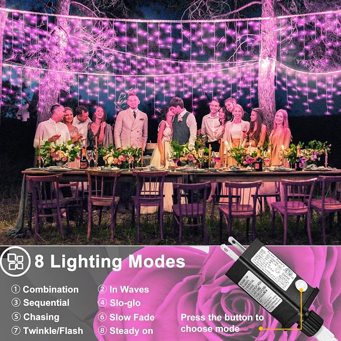 Pink Christmas Lights Outdoor Icicle Lights for Outside 33ft 400 LED String | Twinkle Lights Clear Wire Connectable 8 Modes Timer Plug in Waterproof for Window Party Wedding Holiday Patio Tree Decoration