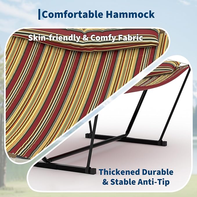 12FT Hammock with Stand for Outside,Heavy Duty Hammock Stand and Cotton Polyester Fabric,450lbs Capacity,Carrying Bag,2 Person Hammocks for Patio,Garden,Backyard,Camping, or Beach,red and Yellow