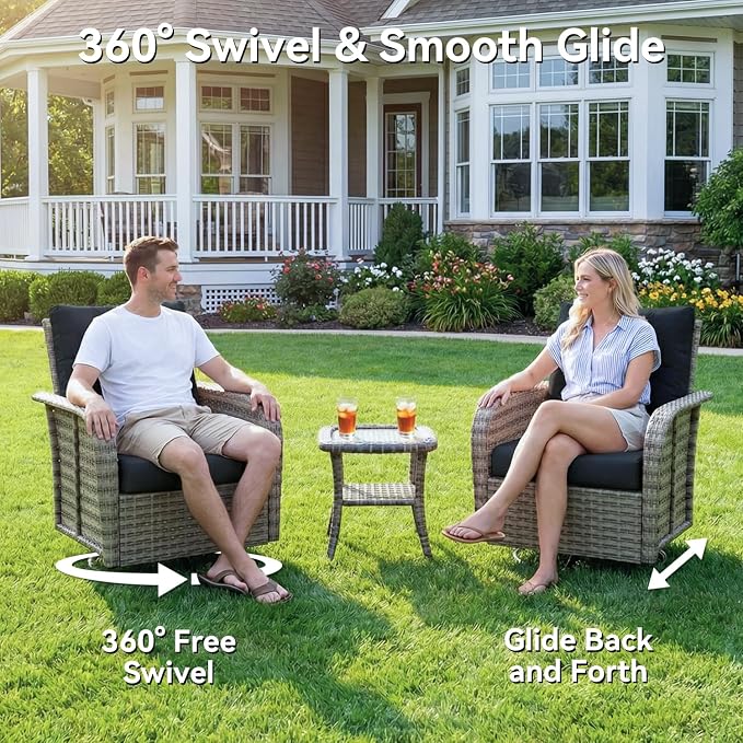 LET'S PATIO Luxury Patio Furniture Set with Fire Pit Table, 13 Piece Outdoor Furniture Set with Swivel Rocker Chairs & Ottomans, All-Weather Patio Sectional Sofas with Thickened Cushions, Black