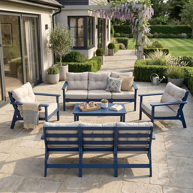 HDPE Patio Conversation Set 8 Seats, Outdoor Furniture Set, Patio Sofa Set | Water-Resistant Thick Cushion, HDPE All Weather, Wood-Grain, No Rot or Rust or Crack, UV Fade Shield, Easy-Clean for Outside