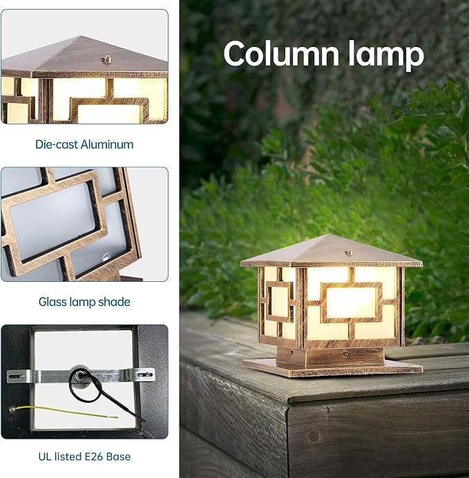 Pillar Lights Outdoor, E26 Waterproof Light Fixture Aluminum Glass Post Column Lamp Victorian Fence Garage Pavilion Courtyard Lighting ( Color : Bronze )¡­, S-Bronze