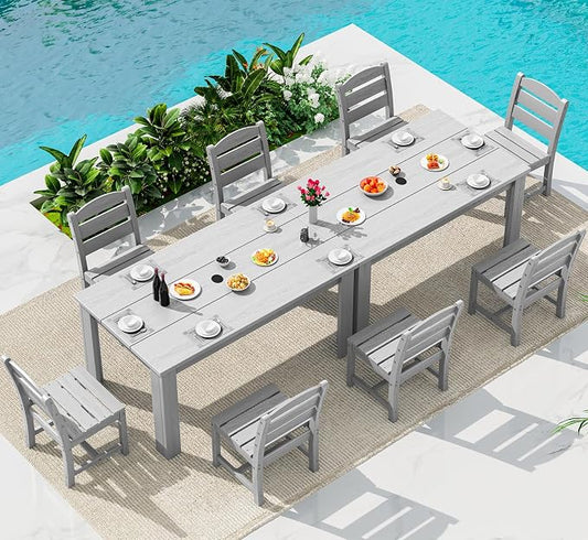 SERWALL 59" Patio Dining Set for 8, HDPE Dining Set, Light Gray | Include 2 Rectangular Tables and 8 armless Chairs, All Weather Dining Sets for Garden, Backyard