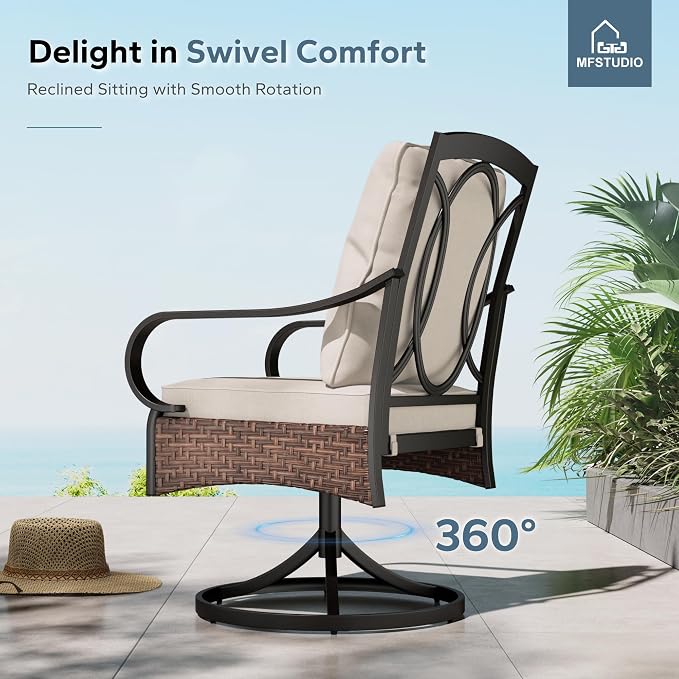 MFSTUDIO Patio Table and Chairs Set of 6, Patio Dining Set with Umbrella, Outdoor Dining Set for 4, Round Metal Dining Table with Swivel Chairs, 6 Pieces Outdoor Furniture Set for 4 with Umbrella
