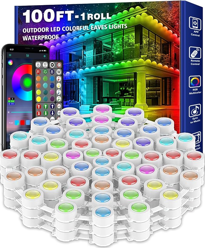 SINLEY 100FT Permanent Outdoor RGB Lights,Waterproof Smart LED Eaves Lights with App/Remote Control,for Christmas and All Holiday Decor,Daily and Accent Lighting,House Roof and Garden Lighting