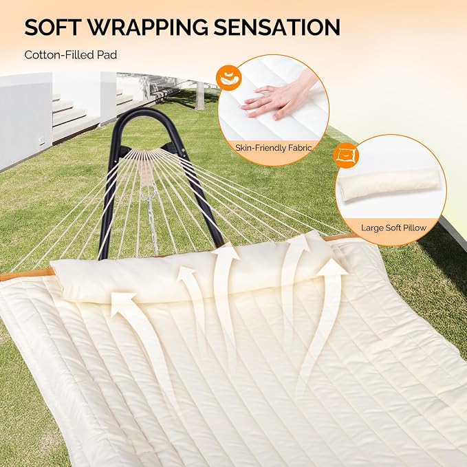 ONCLOUD Hammock with Stand, Double-Barrel Hammock with Hammock Bed, Heavy Duty Adjustable Hammock Set for Outdoors, Patio, Yard, Garden, 550 LBS (Beige)