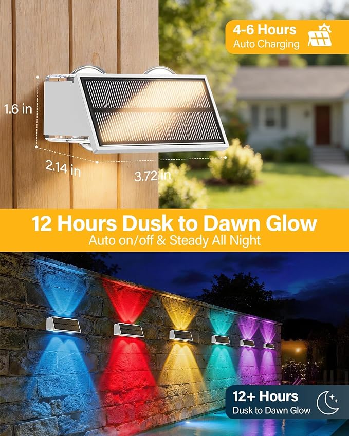 Solar Fence Lights Outdoor, 2 Pack Fence Solar Lights Waterproof | IP65 Fence Lights Solar Powered Up & Down LED Focus, 9 Color Modes, 12H Dusk to Dawn Glow for Pool/Patio/Backyard - White