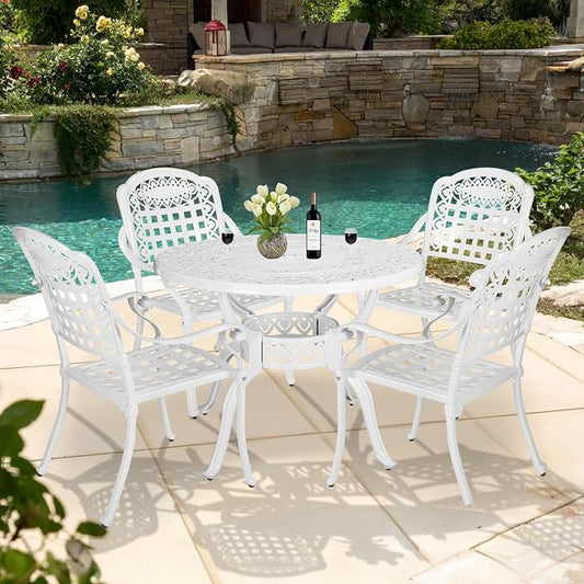 5-Piece Outdoor Patio Dining Set, All-Weather Cast Aluminum Patio Furniture Set with 4 Chairs and 38.5" Round Table for Backyard Garden Deck, 2" Umbrella Hole, White