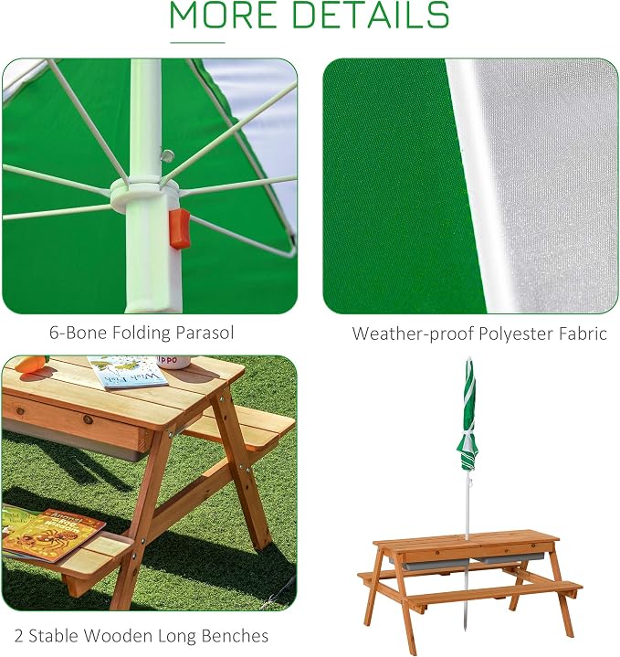 Outsunny Kids 3 in 1 Sand and Water Table, Wooden Outdoor Convertible Picnic Table with Umbrella and Storage Inside, Bench Backyard Furniture for Garden, Patio, or Balcony