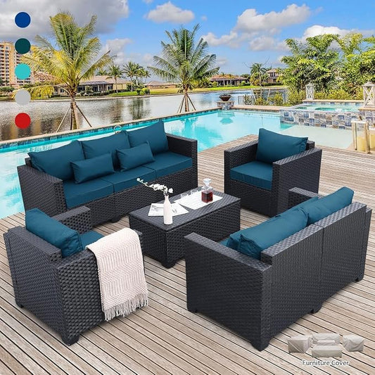 5-Piece Outdoor Wicker Patio Furniture Set with Sectional Sofa Couch, Storage Table, Royal Blue Anti-Slip Cushions, Waterproof Covers for Garden, Porch, Backyard Lounge(Green)