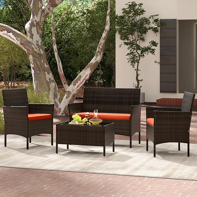Tangkula 4 Piece Patio Rattan Conversation Set, Outdoor Wicker Furniture Set with Chair, Loveseat & Tempered Glass Table, Cozy Seat Cushions, Outside Sectional Sofa Set for Backyard (1, Orange)
