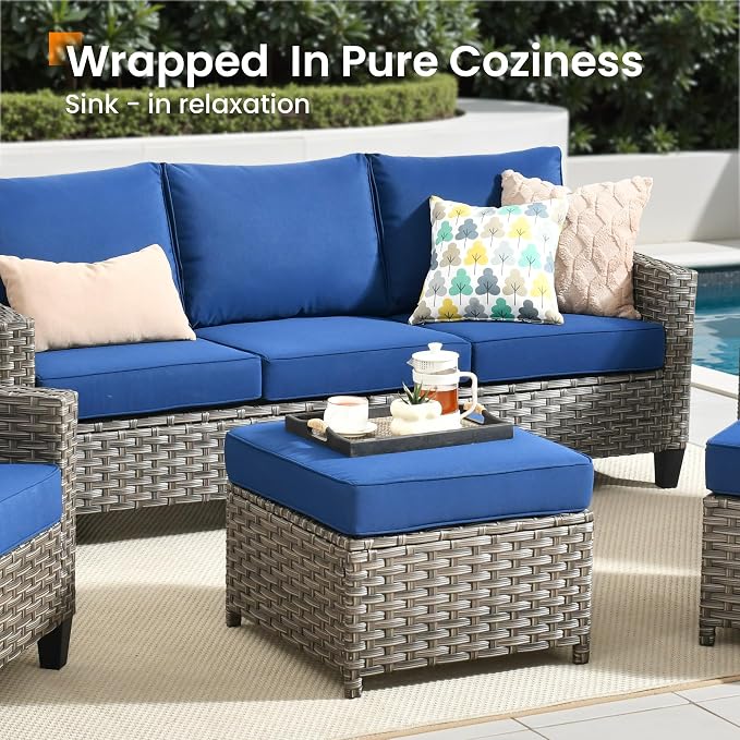 CAODOC 5 Pcs Patio Conversation Set for 7 Seats, Rattan Wicker Outdoor Patio Furniture Set, 2 x Single Chair, 2 x Ottoman, 3-Seat Sofa for Lawn Garden Backyard(Blue)