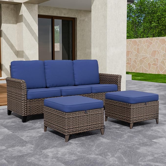COOS BAY Harbor Retreat 3 Piece Outdoor Furniture Set, Patio Conversation Set with 3 Seat Couch and Ottomans, Wicker Furniture, Brown/Blue