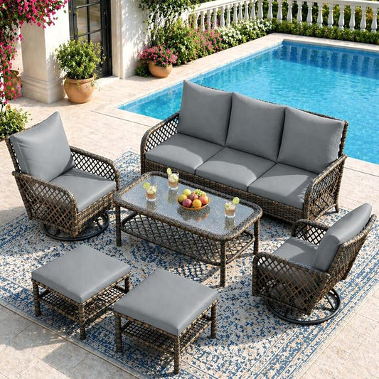 AECOJOY Patio Furniture Set Outdoor Sectional Sofa Couch and High Back Swivel Rocker Patio Chairs 6PCS Brown Wicker Conversation Set (Dark Grey, 6PCS- Whole Set)