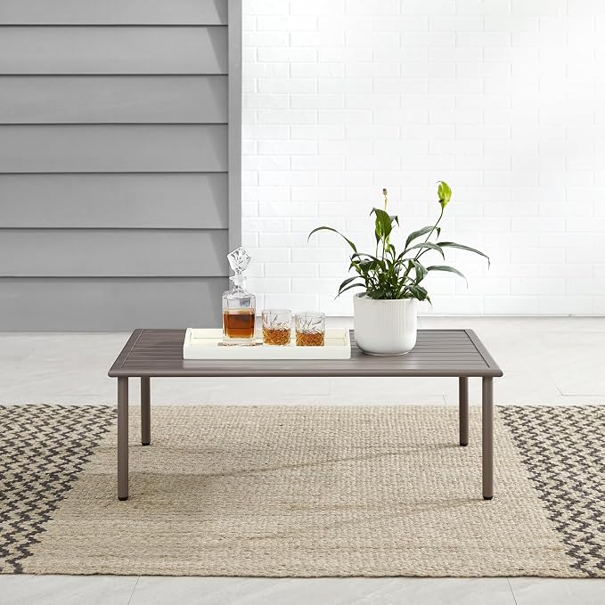 HomeStock Island Oasis Outdoor Metal Coffee Table with Slatted Top,Powder-Coated,Sturdy Weather-Proof Steel,Hand-Painted,Durable - 23.5" D x 39.25" W x 13.75" H Light Brown