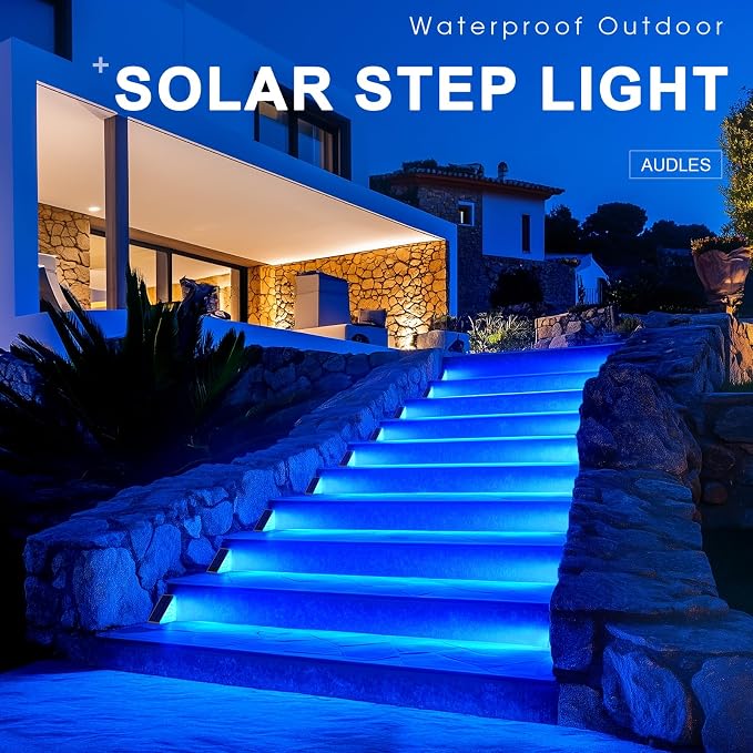 AUDLES 2 Pack Solar Stair Lights, Outdoor Step Lights with Waterproof IP67, Blue Color LED Solar Light for Outside Light Decor for Stair, Deck, Front Step, Front Porch, Patio and Backyard