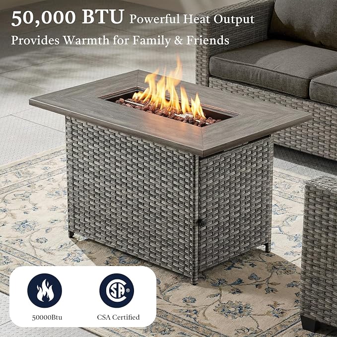 Patio Furniture Set with 41" Fire Pit Table - High Back Patio Conversation Set with 4 Inch Thick Cushions and Deep Seating Swivel Glider Chairs & Outdoor Couch for Porch Deck Yard Pool Brown