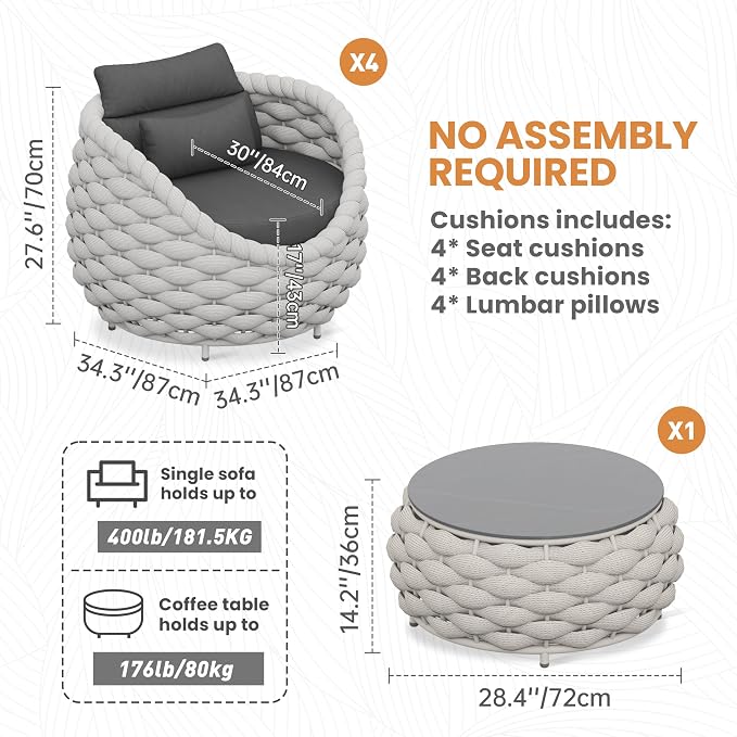 Front Porch Furniture 5 Piece Set: Aluminum Woven Rope Patio Conversation Sofa Set - Assembled Accent Chair Modern - Cushioned Armchair Couch Set for 400 lbs Deck Backyard Poolside Garden Hotel