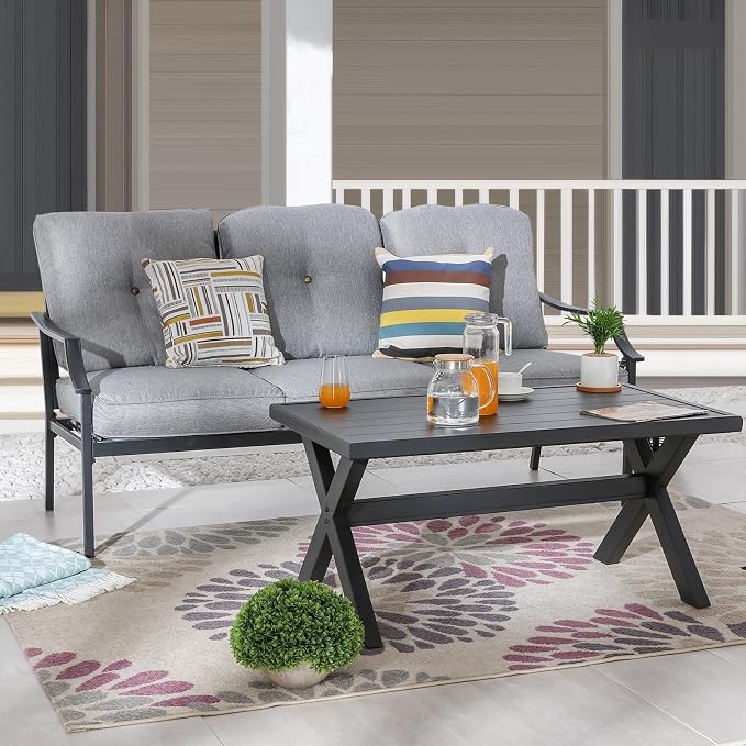 Patio Conversation Set 4 Pieces Metal Outdoor Furniture Sets Outside 3-Seat Sofa with Rocking Chairs Coffee Table (Grey)
