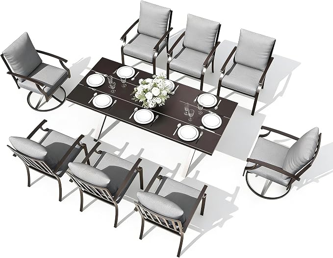 Gotland 9 Piece Outdoor Dining Set, Metal Outdoor Table and Swivel Chairs with X-Shaped Legs 1.5" Umbrella Hole, Patio Furniture Set with Waterproof Cushions, Patio Dining Sets for Backyard Deck Gray