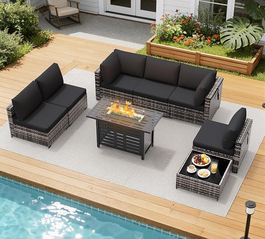 LOUVIXA 8 Piece Outdoor Patio Furniture Set, Outdoor Sectional Sofa with Firepit Table, Wicker Rattan Patio Furniture, Patio Conversation Set with Coffee Table & Cushions