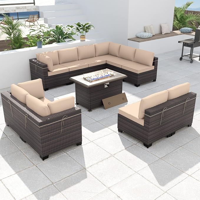 Kurapika 11 Pieces Patio Furniture Set, Rattan Wicker Outdoor Conversation Sets w/43in Propane Fire Pit Table and 4 Inch Cushion(Sand)