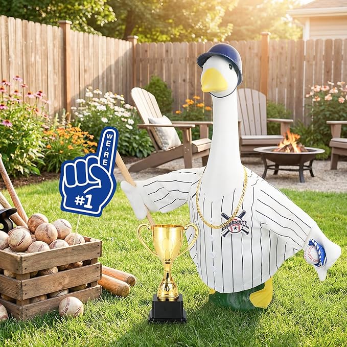 MOVINPE Baseball Goose Outfit for 23" Porch Goose Statue, Blue & White Pinstripe Team Uniform Set with Bat, Glove, Helmet, #1 Yard Sign & Trophy – Sports Lawn Decor Outdoor Patio Yard Decor